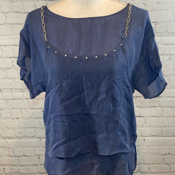 DOROTHY SCHOELLEN Blouse Layered Blue Embellished with Chain & Rhinestones-S/M - Picture 2 of 5